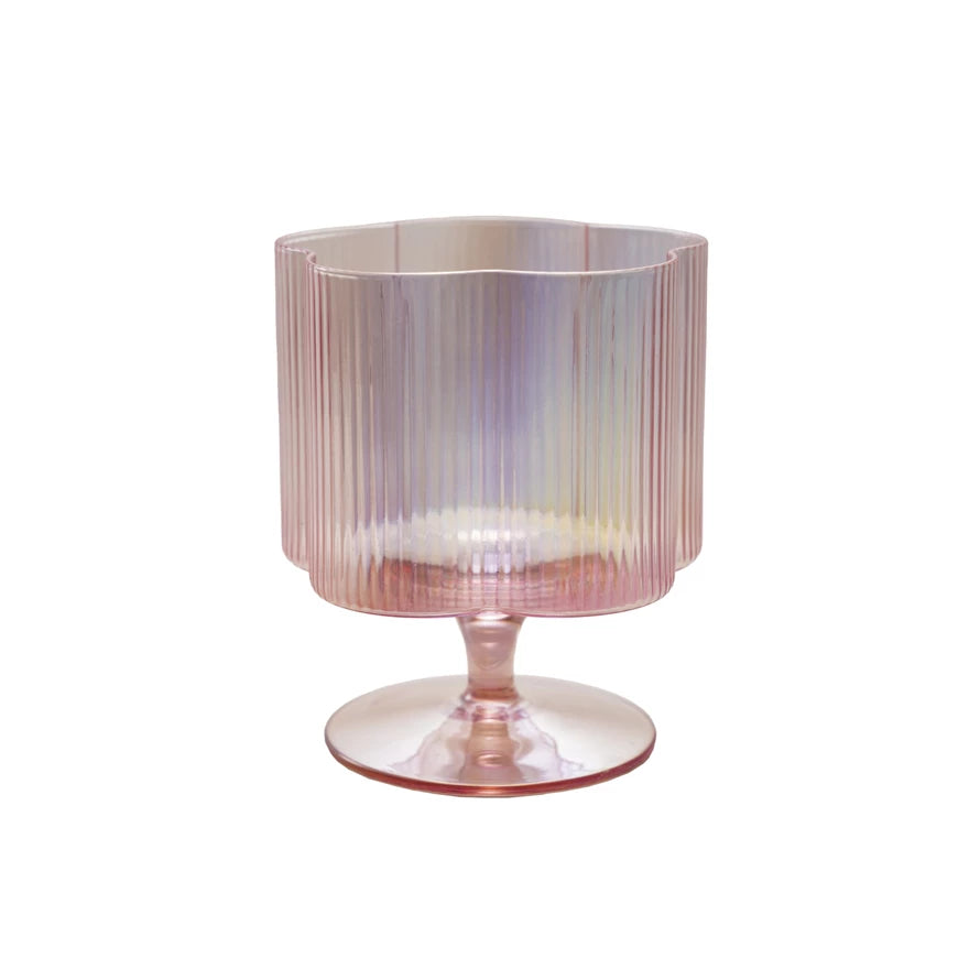 12 oz. Hand-Blown Pleated Flower Shaped Stemmed Wine Glass Pink