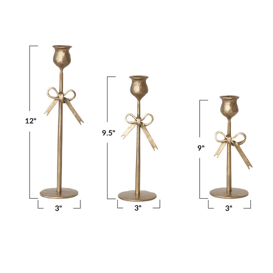 Hand-Forged Iron Taper Holders w/ Bow, Antique Gold Finish, medium